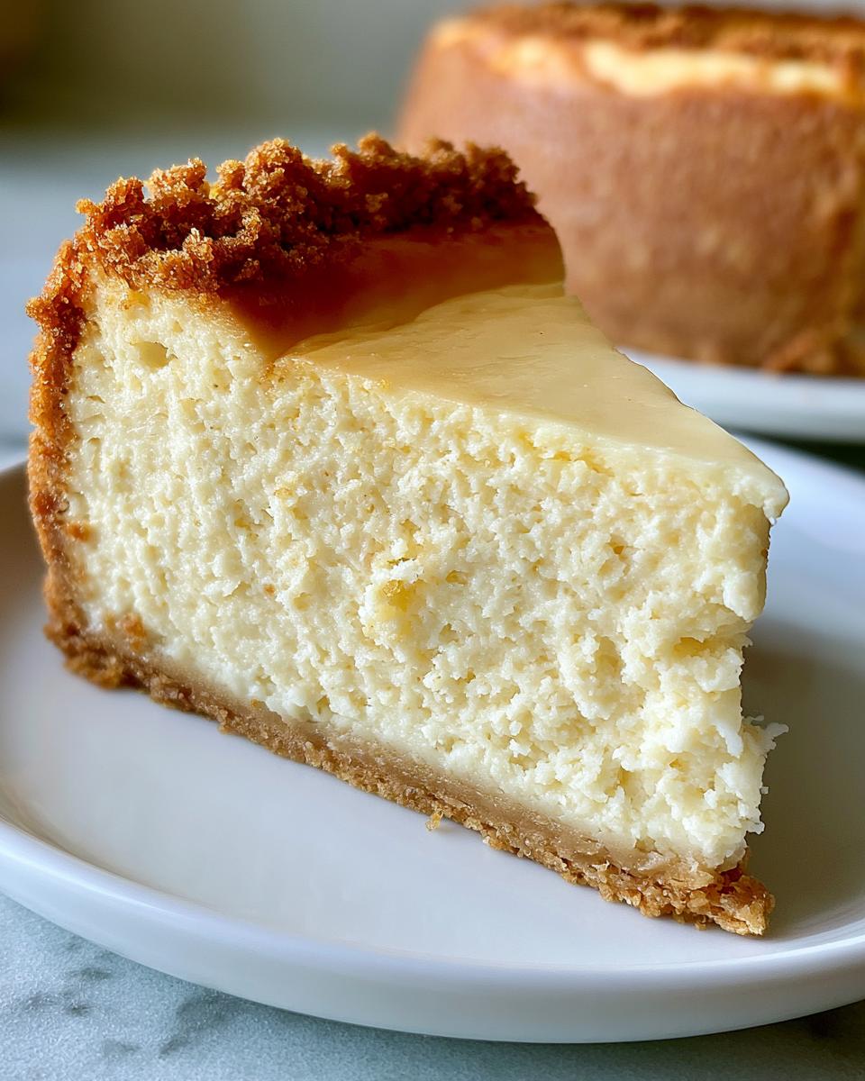 New York Cheesecake Dessert That Never Cracks 5 A perfect slice of New York Cheesecake Dessert with a graham cracker crust and creamy filling, topped with a crumble.