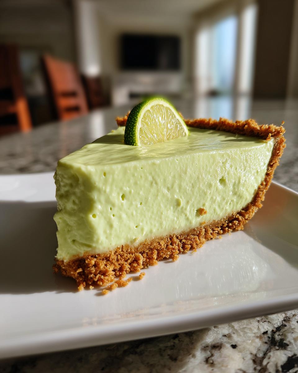 Easy No-Bake Key Lime Pie Perfection 4 A perfect slice of no-bake key lime pie with a graham cracker crust and a lime wedge garnish.