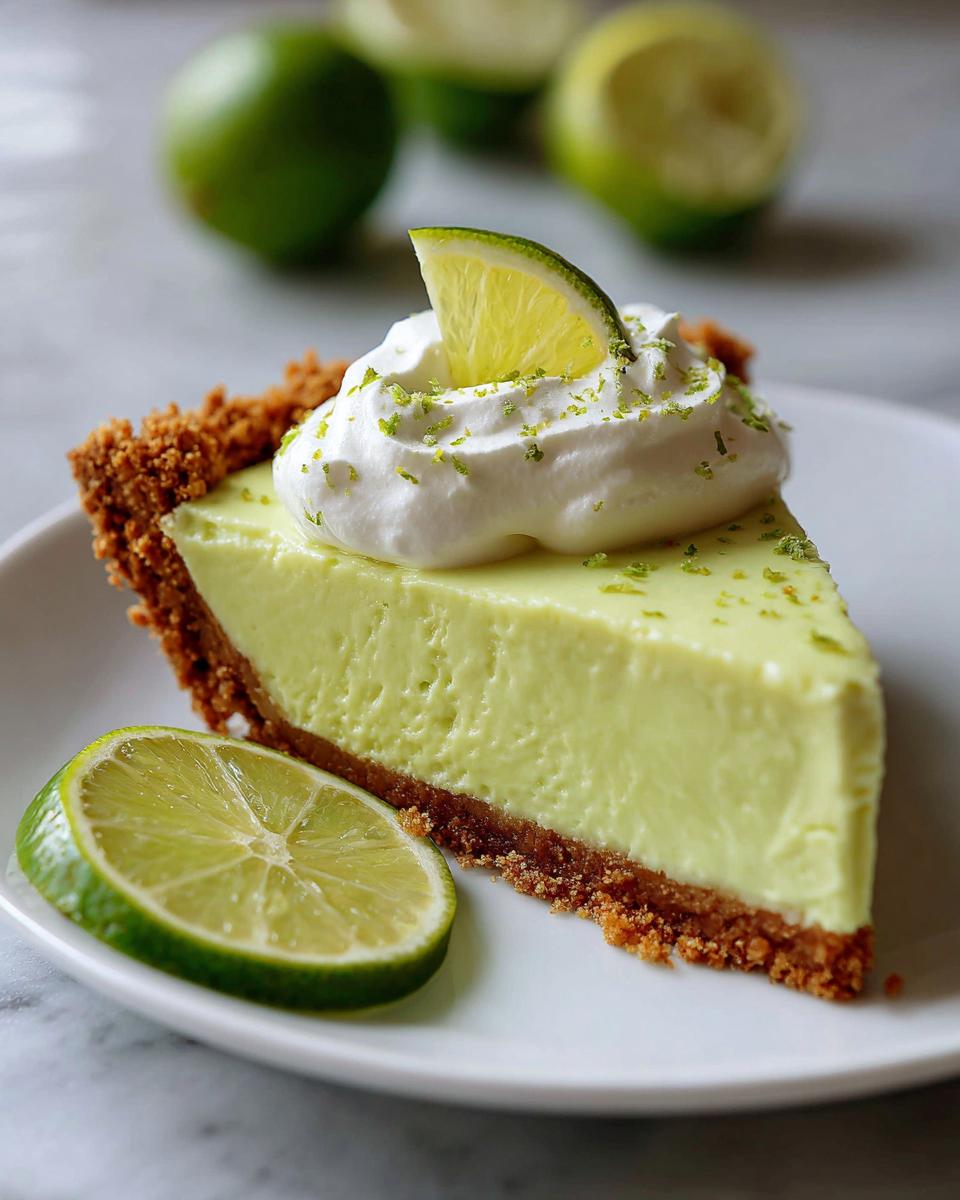 Easy No-Bake Key Lime Pie Perfection 5 A perfect slice of No-Bake Key Lime Pie, topped with whipped cream, lime zest, and a lime wedge.