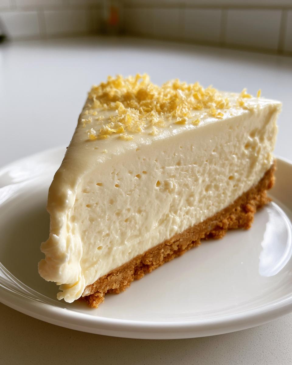 No-Bake Lemon Cheesecake: Silky Tangy Perfection 4 A perfect slice of No-Bake Lemon Cheesecake on a white plate, topped with lemon zest.