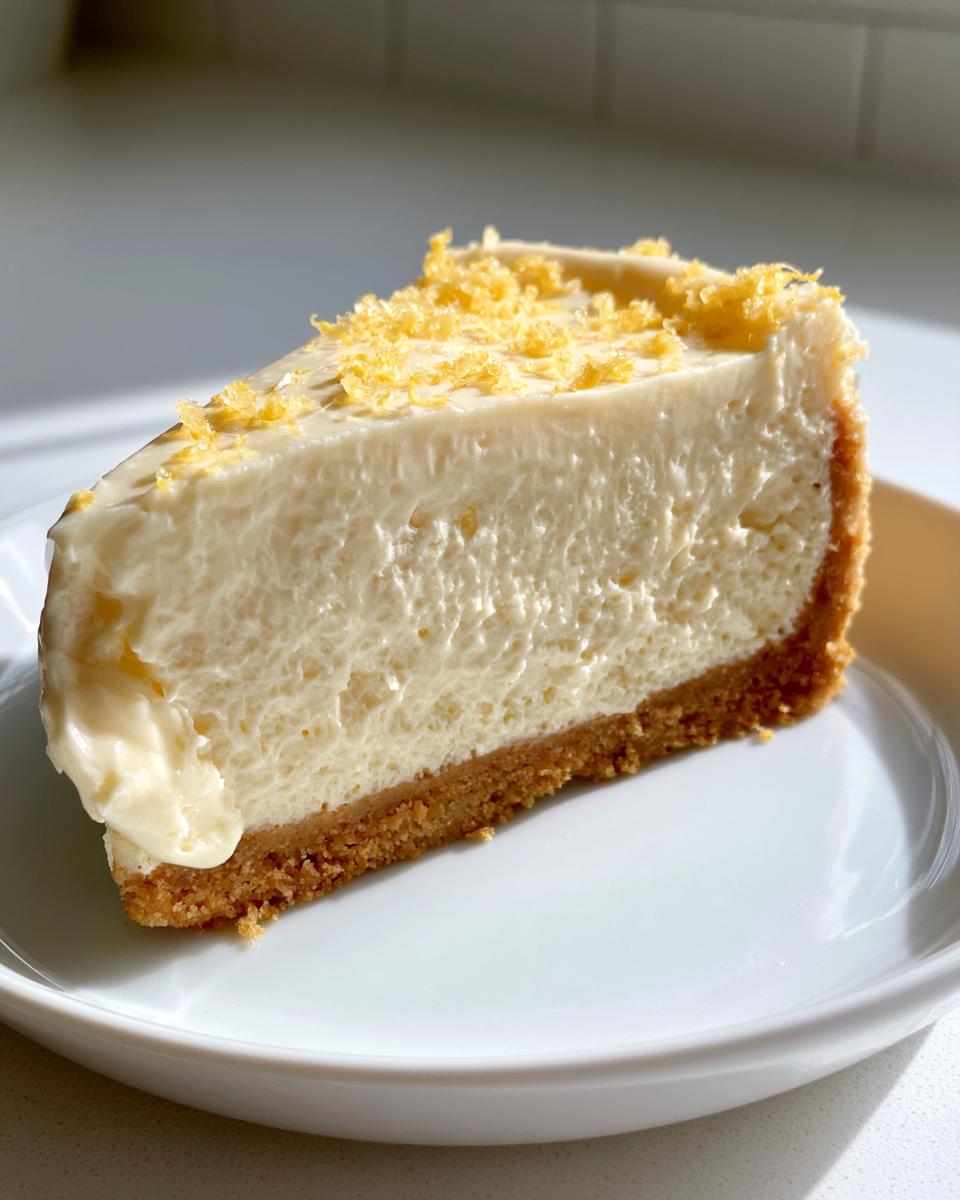 No-Bake Lemon Cheesecake: Silky Tangy Perfection 5 A perfect slice of No-Bake Lemon Cheesecake, showcasing its creamy texture and graham cracker crust, topped with lemon zest.