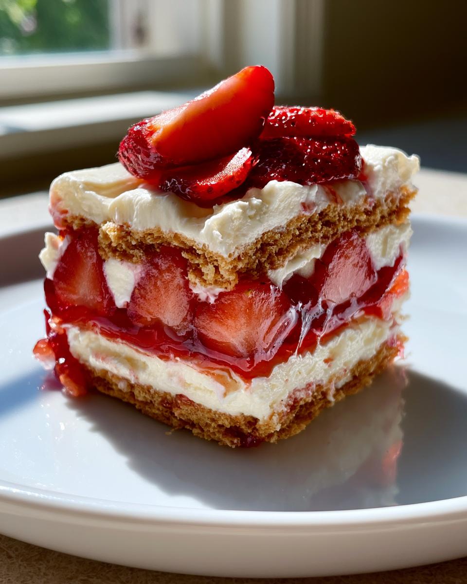 No-Bake Strawberry Lasagna Saves Your Summer Party 4 A slice of No-Bake Strawberry Lasagna with layers of cream cheese filling, graham cracker crust, and fresh strawberries.