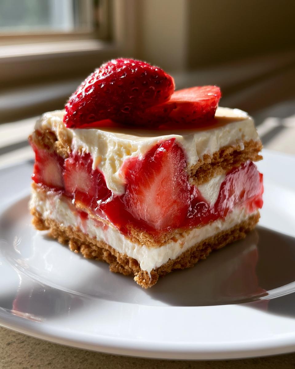 No-Bake Strawberry Lasagna Saves Your Summer Party 5 A close-up of a slice of No-Bake Strawberry Lasagna on a white plate, showcasing layers of strawberries, cream cheese filling, and graham cracker crust.