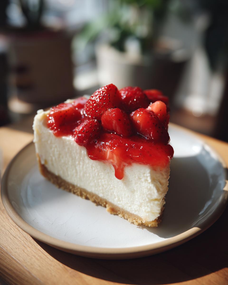 No-Bake Sugar-Free Strawberry Cheesecake: Bliss! 4 A slice of delicious No-Bake Sugar-Free Strawberry Cheesecake topped with fresh strawberries and strawberry sauce.