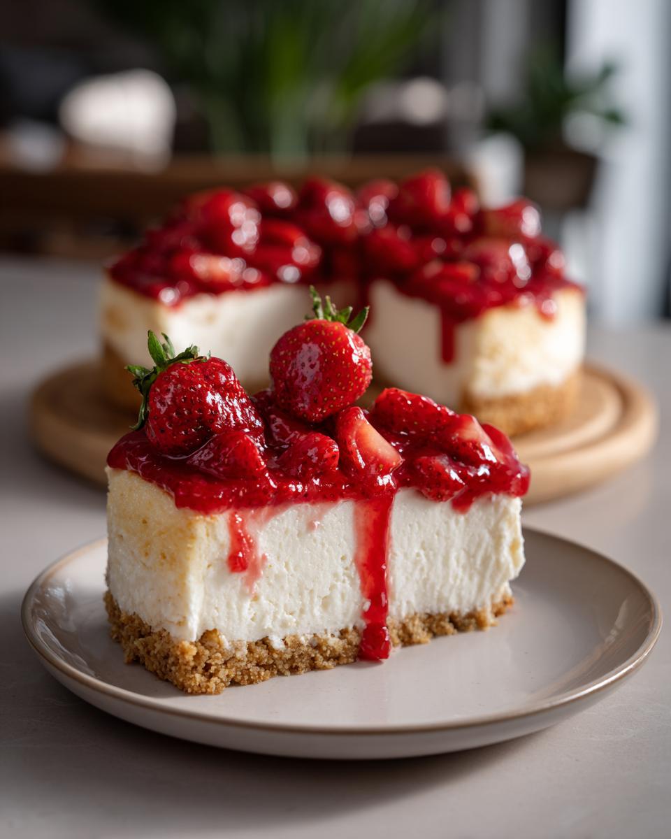 No-Bake Sugar-Free Strawberry Cheesecake: Bliss! 5 A delicious slice of No-Bake Sugar-Free Strawberry Cheesecake topped with fresh strawberries and strawberry sauce.