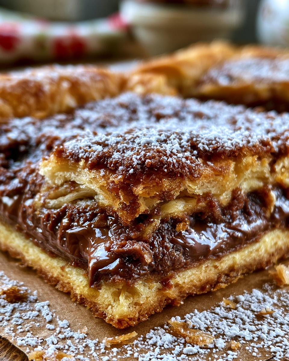 Nutella Crescent Bake Squares are a 10-Minute Sweet Fix 4 Close-up of a Nutella Crescent Bake Square, showing flaky pastry layers filled with rich Nutella and dusted with powdered sugar.