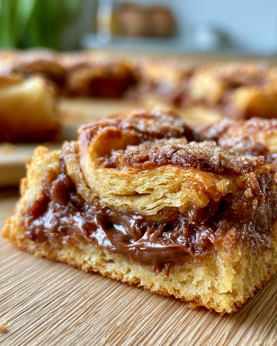 Nutella Crescent Bake Squares are a 10-Minute Sweet Fix 5 Close-up of a Nutella Crescent Bake Square showing flaky pastry and gooey Nutella filling.