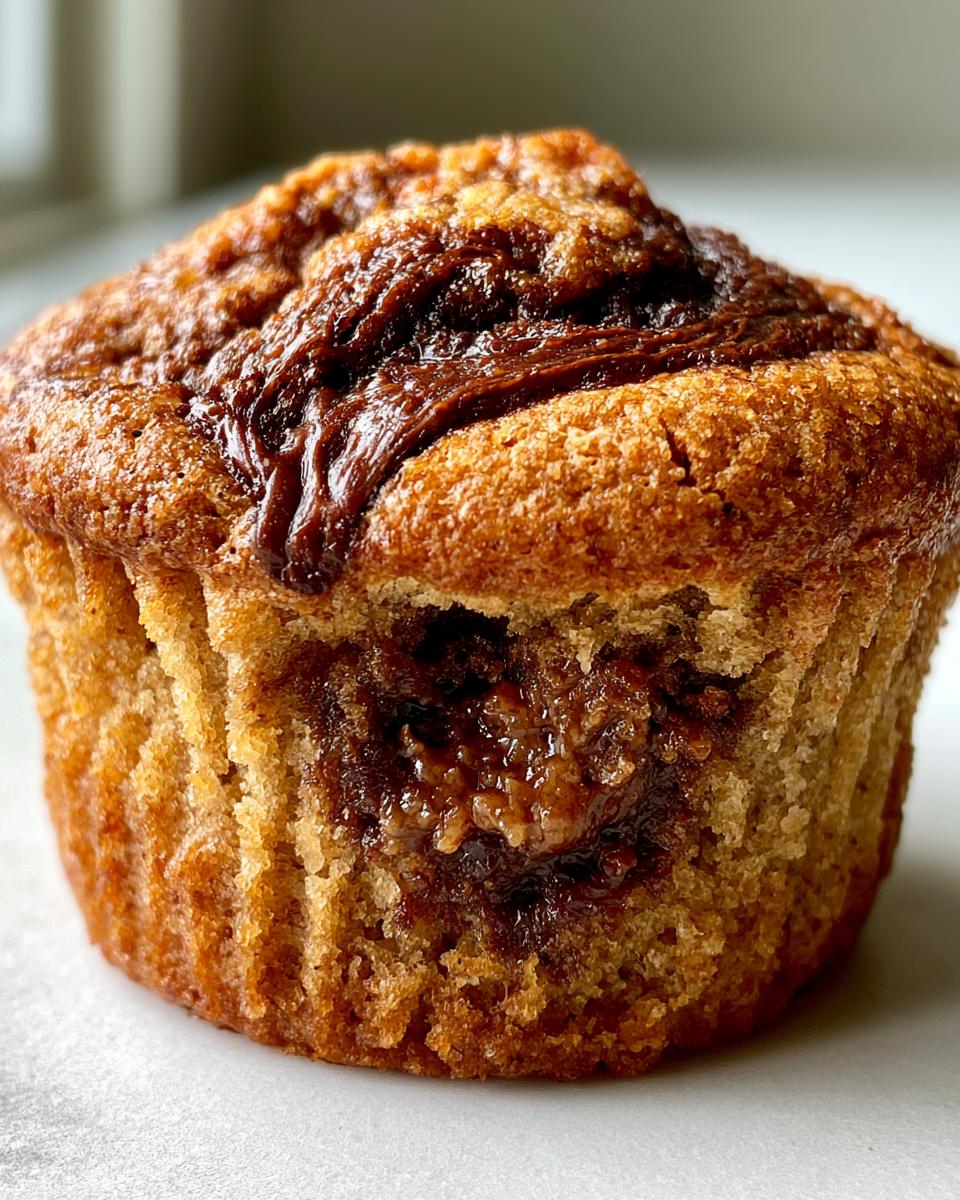 Nutella Stuffed Cookie Butter Muffins: Ultimate Indulgence 4 Close-up of a Nutella Stuffed Cookie Butter Muffin, showing the gooey center and rich chocolate swirl on top.