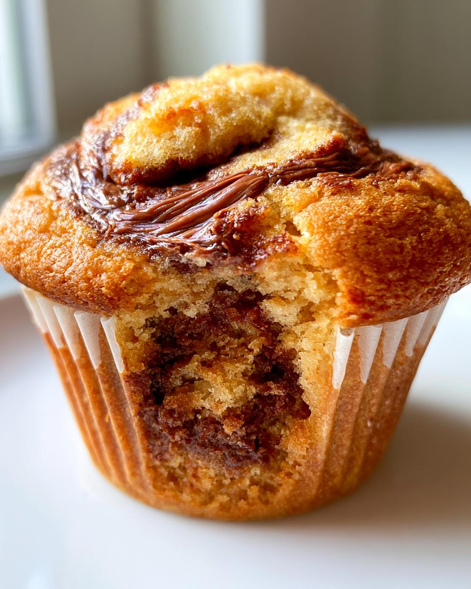 Nutella Stuffed Cookie Butter Muffins: Ultimate Indulgence 5 A close-up of a Nutella Stuffed Cookie Butter Muffin with a bite taken out, revealing the gooey center.