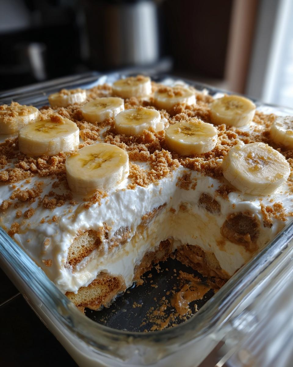 Dreamy Nutter Butter Banana Pudding 5 A slice taken out of a Nutter Butter Banana Pudding showing layers of cookies, pudding, and bananas.