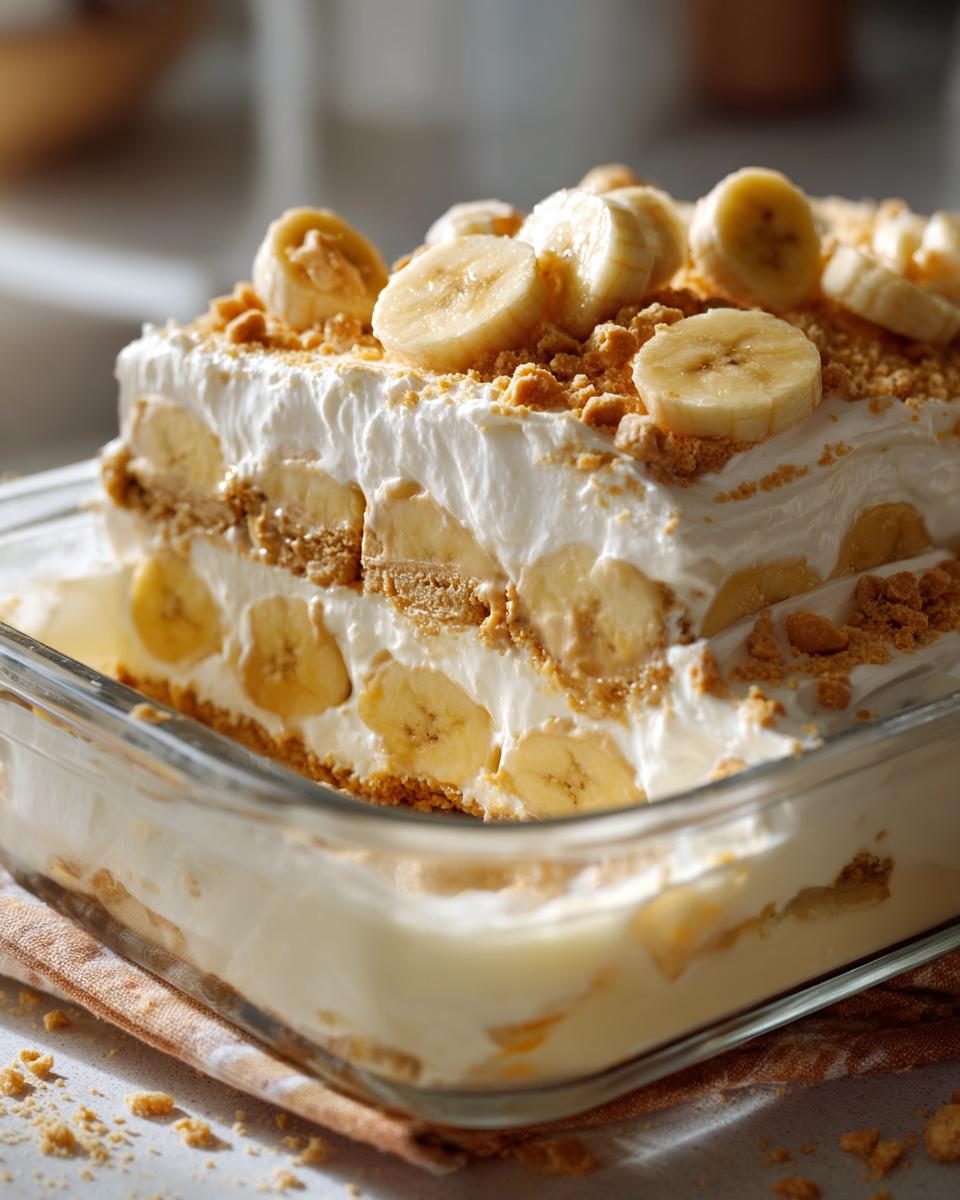 Dreamy Nutter Butter Banana Pudding 4 A close-up of Nutter Butter Banana Pudding in a glass dish, layered with bananas, whipped cream, and crushed Nutter Butter cookies.