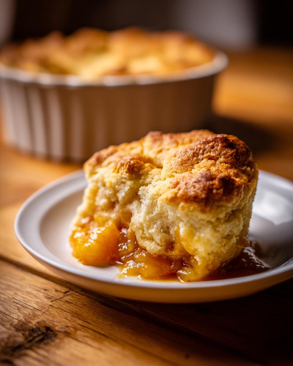 Warm Old Fashioned Peach Cobbler Bliss 4 A warm slice of Old Fashioned Peach Cobbler with a golden biscuit topping and bubbling peach filling.