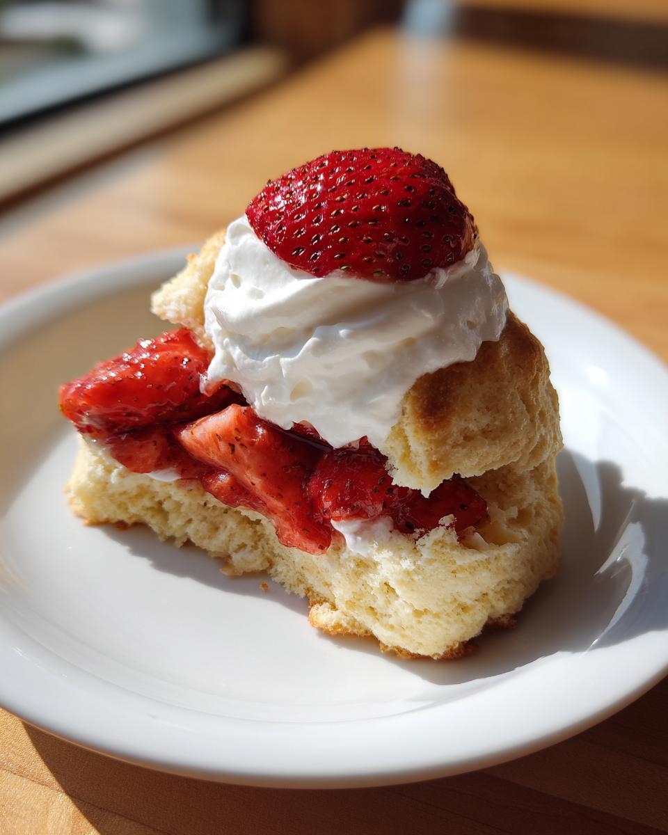 Old-Fashioned Shortcake: Simple Comfort Recipe 4 A delicious slice of old-fashioned shortcake filled with fresh strawberries and topped with whipped cream and a whole strawberry.