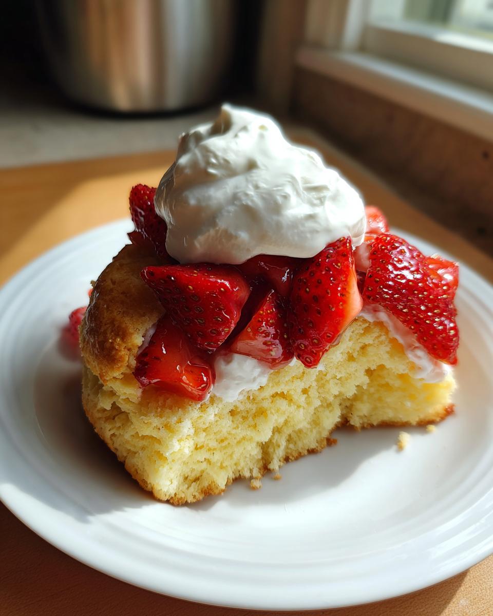 Old-Fashioned Shortcake: Simple Comfort Recipe 5 A slice of old-fashioned shortcake topped with fresh strawberries and whipped cream on a white plate.