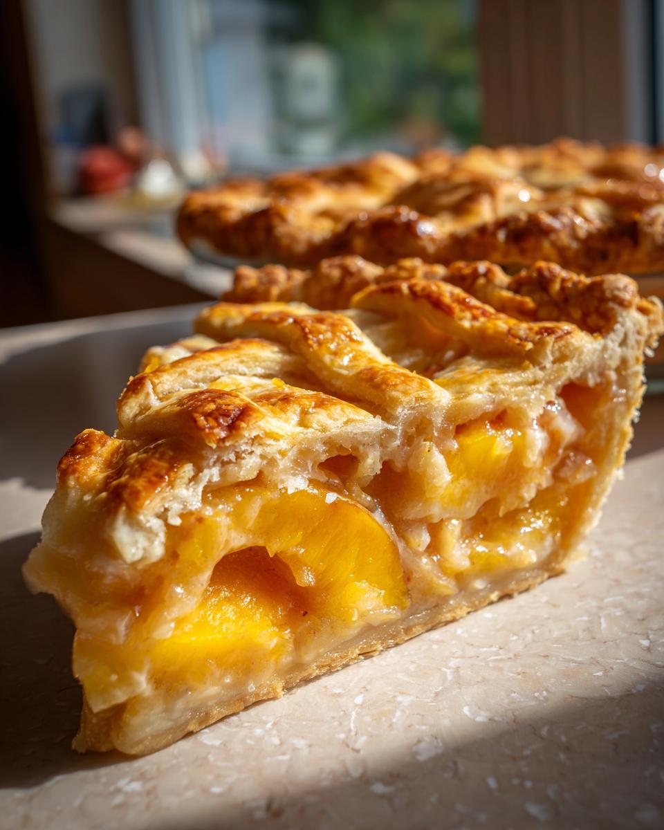 Perfect Peach Pie the Old Fashioned Two Crust Way 4 Close-up of a slice of old fashioned two crust peach pie, showcasing juicy peach filling and flaky golden crust.