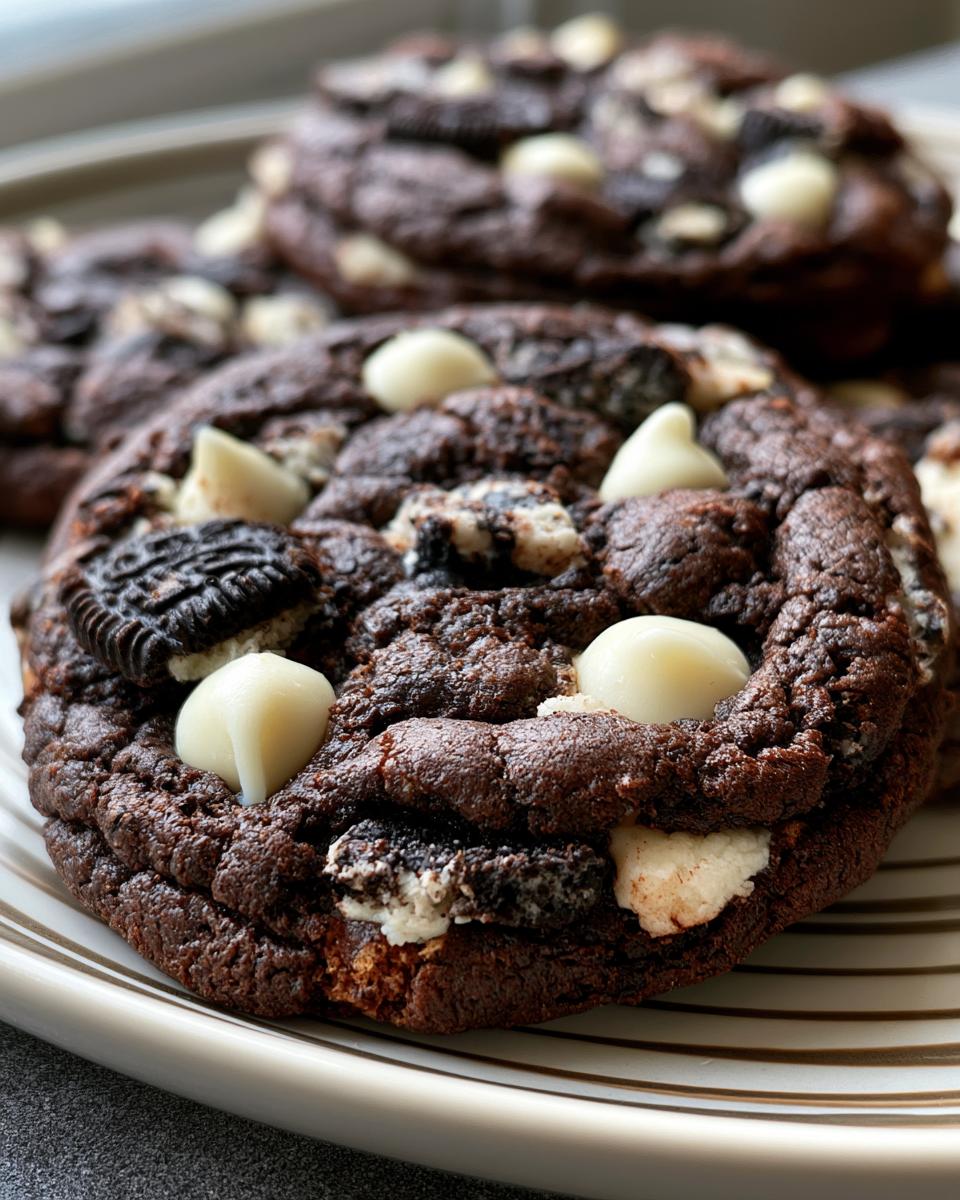 Soft Oreo Cake Cookies That Taste Like Heaven 5 Close-up of soft Oreo Cake Cookies loaded with chunks of Oreo cookies and white chocolate chips.