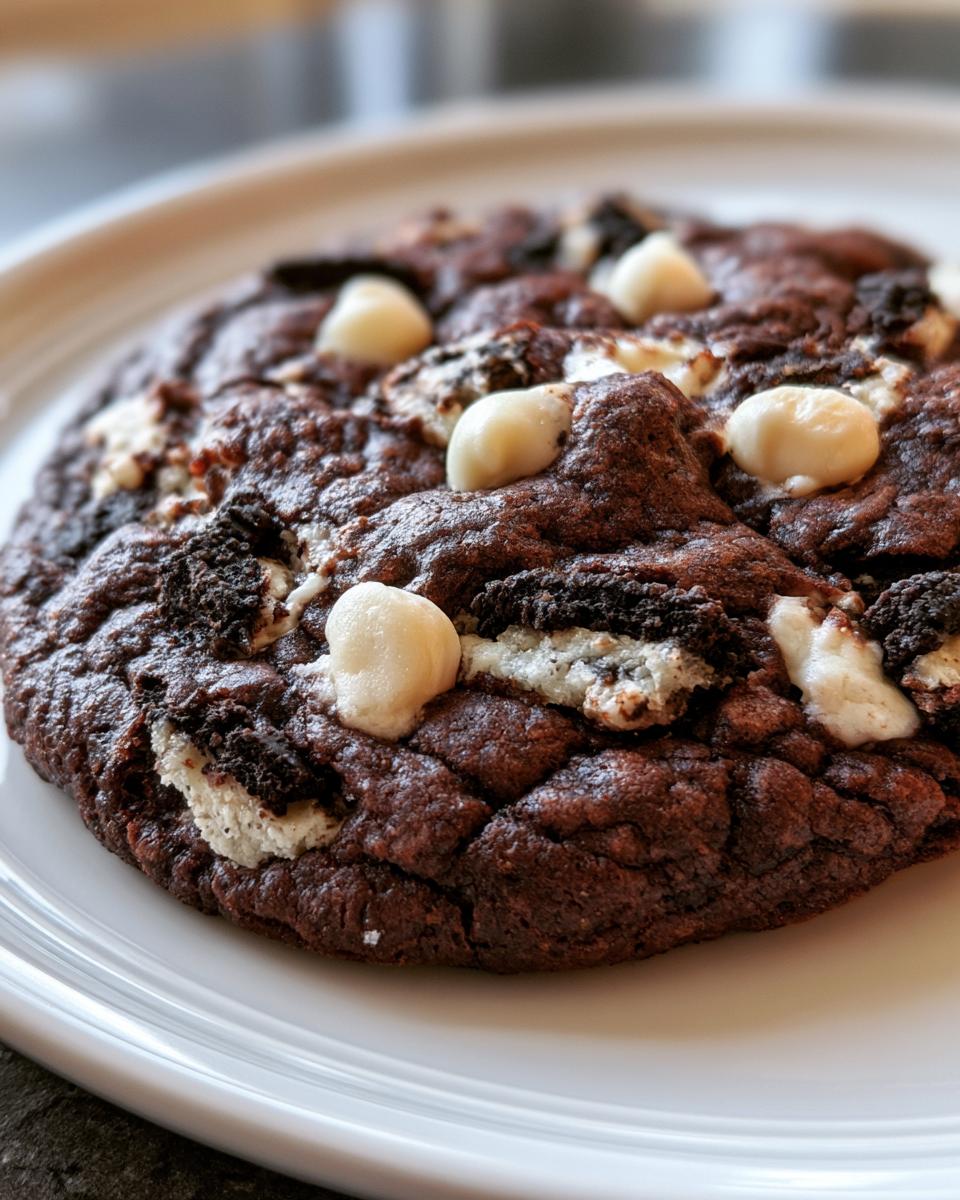 Soft Oreo Cake Cookies That Taste Like Heaven 4 Close-up of a decadent Oreo Cake Cookie loaded with chunks of Oreo cookies and white chocolate.