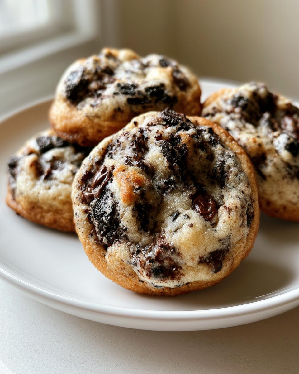Irresistible Oreo Chocolate Chip Cookies 4 Close-up of four freshly baked Oreo Chocolate Chip Cookies on a white plate, showcasing chunks of Oreo cookies and chocolate chips.