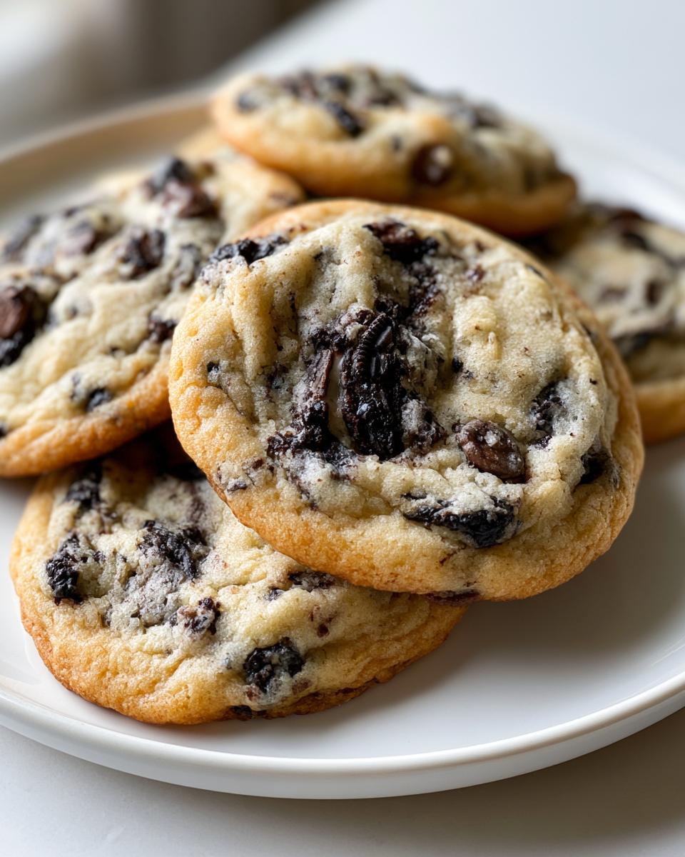 Irresistible Oreo Chocolate Chip Cookies 5 Close-up of freshly baked Oreo Chocolate Chip Cookies on a white plate.