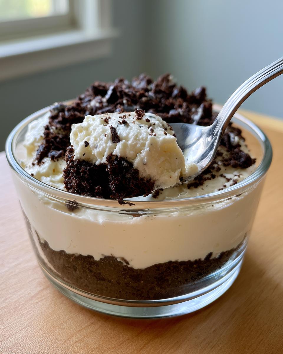 Oreo No-Bake Cheesecake Cups: Heavenly 15-Min Dessert 4 A spoonful of creamy Oreo No-Bake Cheesecake Cups, layered with crushed Oreos and cheesecake filling.