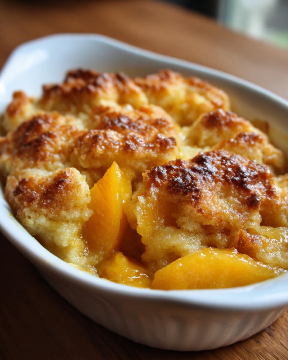 Easy Peach Cobbler: Summer's Best Dessert 5 Close-up of a golden-brown baked Peach Cobbler in a white baking dish, showing juicy peach slices.
