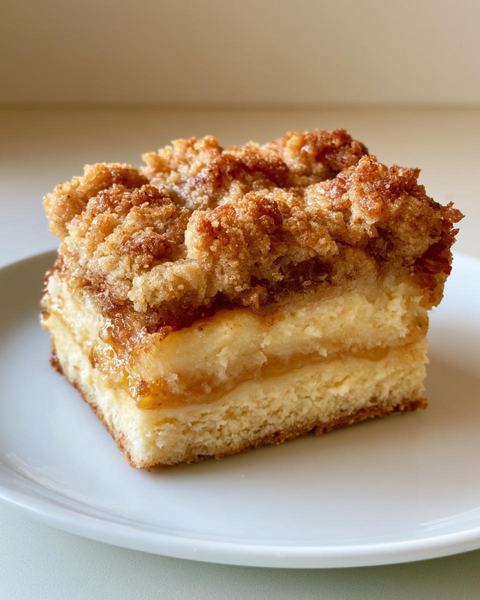 Peach Cobbler Cheesecake Bars Creamy Comfort 4 A close-up of a decadent Peach Cobbler Cheesecake Bar slice on a white plate, showcasing layers of creamy cheesecake and crumble topping.