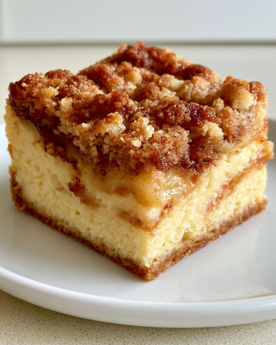 Peach Cobbler Cheesecake Bars Creamy Comfort 5 A delicious slice of Peach Cobbler Cheesecake Bars on a white plate, showing layers of cheesecake and crumble topping.