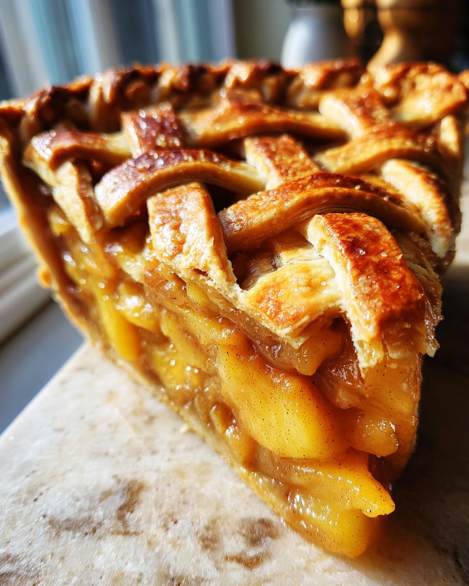 Perfect Peach Pie the Old Fashioned Two Crust Way 5 Close-up of a slice of old fashioned peach pie, showcasing the juicy peach filling and golden lattice crust.