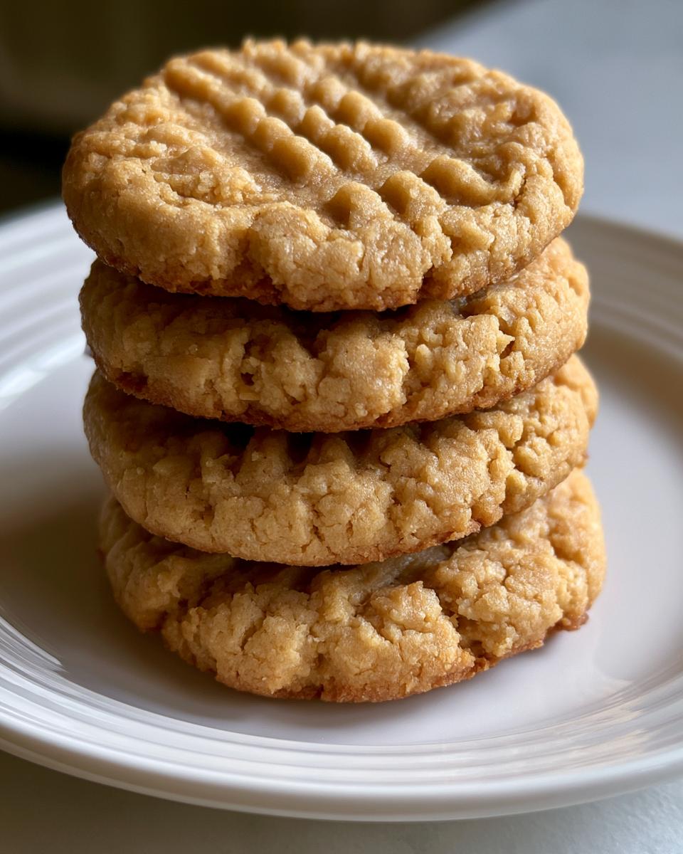 6-Ingredient Peanut Butter Cookies You Must Try 5 A close-up stack of four golden-brown peanut butter cookies with classic fork marks on top.