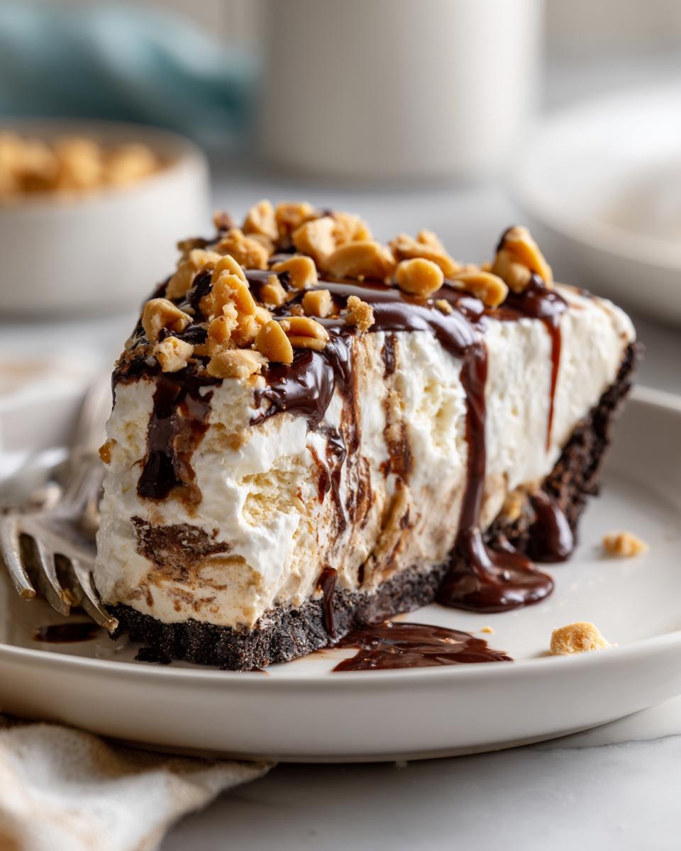 Irresistible Peanutty Ice Cream Pie 5 A decadent slice of Peanutty Ice Cream Pie topped with chocolate syrup and chopped peanuts.