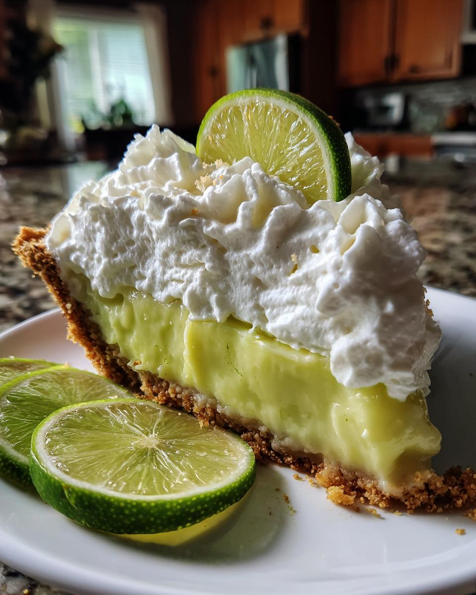 Perfect Key Lime Pie: Tropical Bliss 5 A slice of Perfect Key Lime Pie topped with fluffy coconut rum whipped cream and garnished with lime slices.