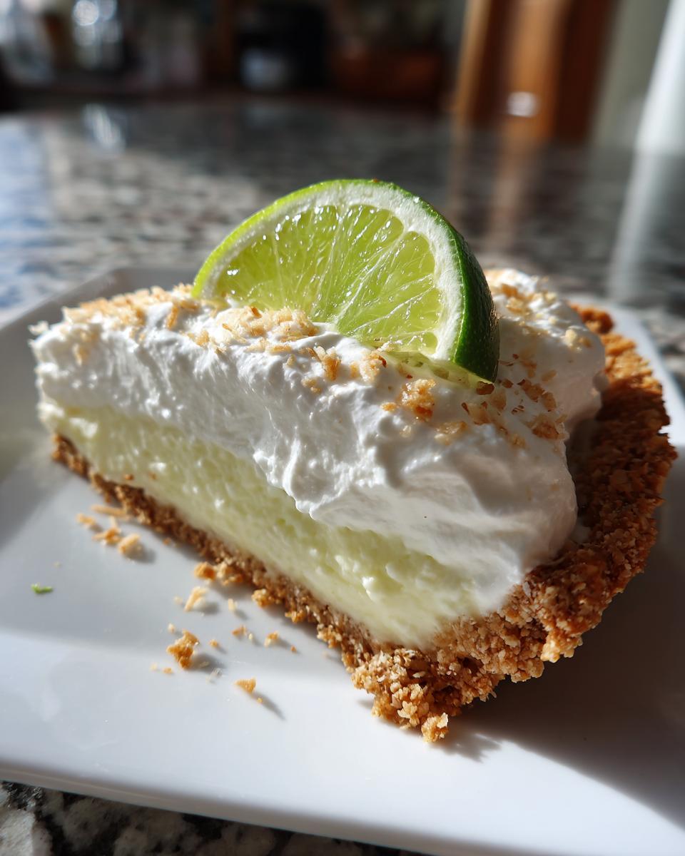 Perfect Key Lime Pie: Tropical Bliss 4 A slice of Perfect Key Lime Pie topped with fluffy coconut rum whipped cream and a lime wedge.