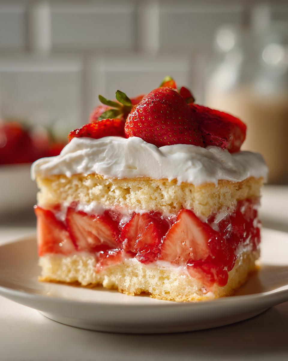 Petra's Strawberry Shortcake: Divine Dessert 5 A delicious slice of Petra's Strawberry Shortcake, layered with cake, whipped cream, and fresh strawberries.