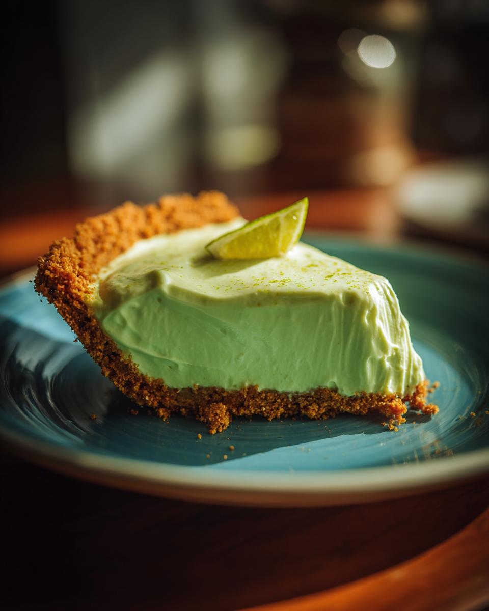 Phoenician's Key Lime Pie: Simple, Tart Perfection 4 A perfect slice of Phoenician's Key Lime Pie, featuring a creamy green filling and a graham cracker crust, topped with a lime wedge.