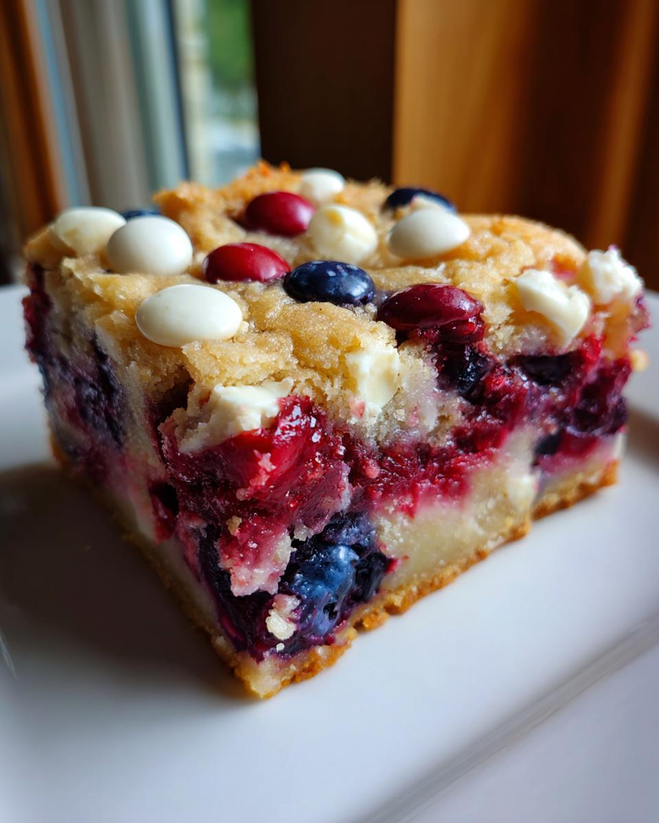 Easy Red, White, and Blue Dump Cake Delight 4 A close-up of a slice of Red, White, and Blue Dump Cake with berries and white chocolate chips.