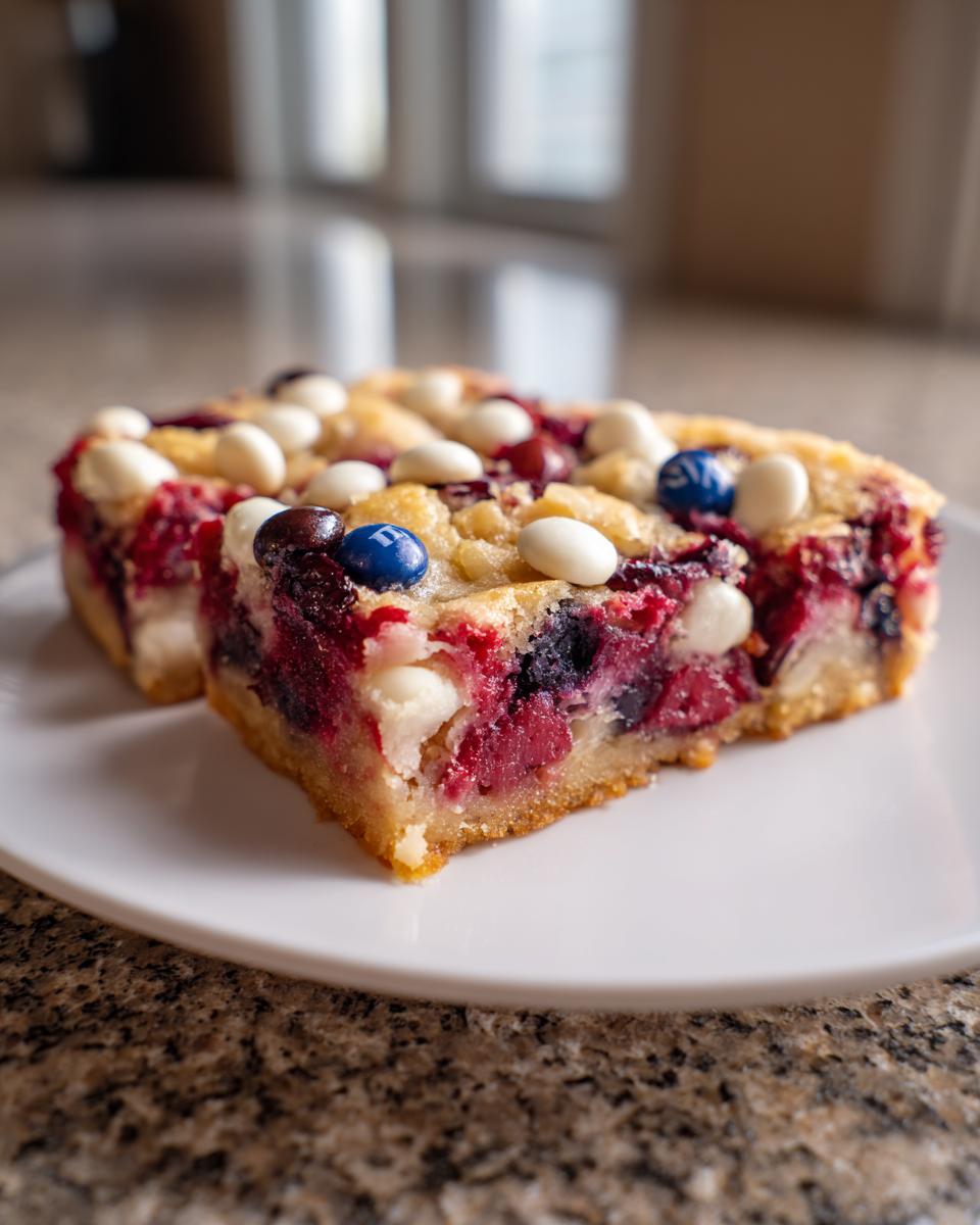 Easy Red, White, and Blue Dump Cake Delight 5 Two slices of Red, White, and Blue Dump Cake on a white plate, topped with berries and M&Ms.