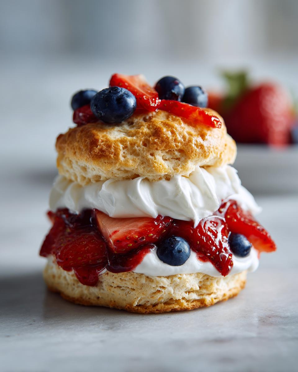 Perfect Red, White, and Blue Strawberry Shortcake 5 Close-up of a Red, White, and Blue Strawberry Shortcake with fresh strawberries, blueberries, and whipped cream.