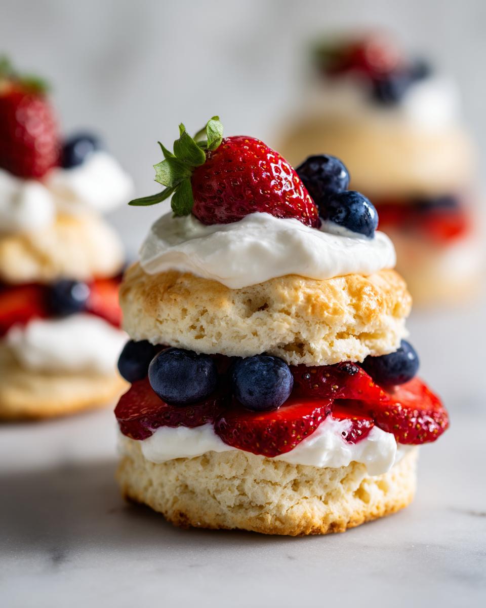Perfect Red, White, and Blue Strawberry Shortcake 4 A close-up of a Red, White, and Blue Strawberry Shortcake with layers of biscuit, whipped cream, strawberries, and blueberries.