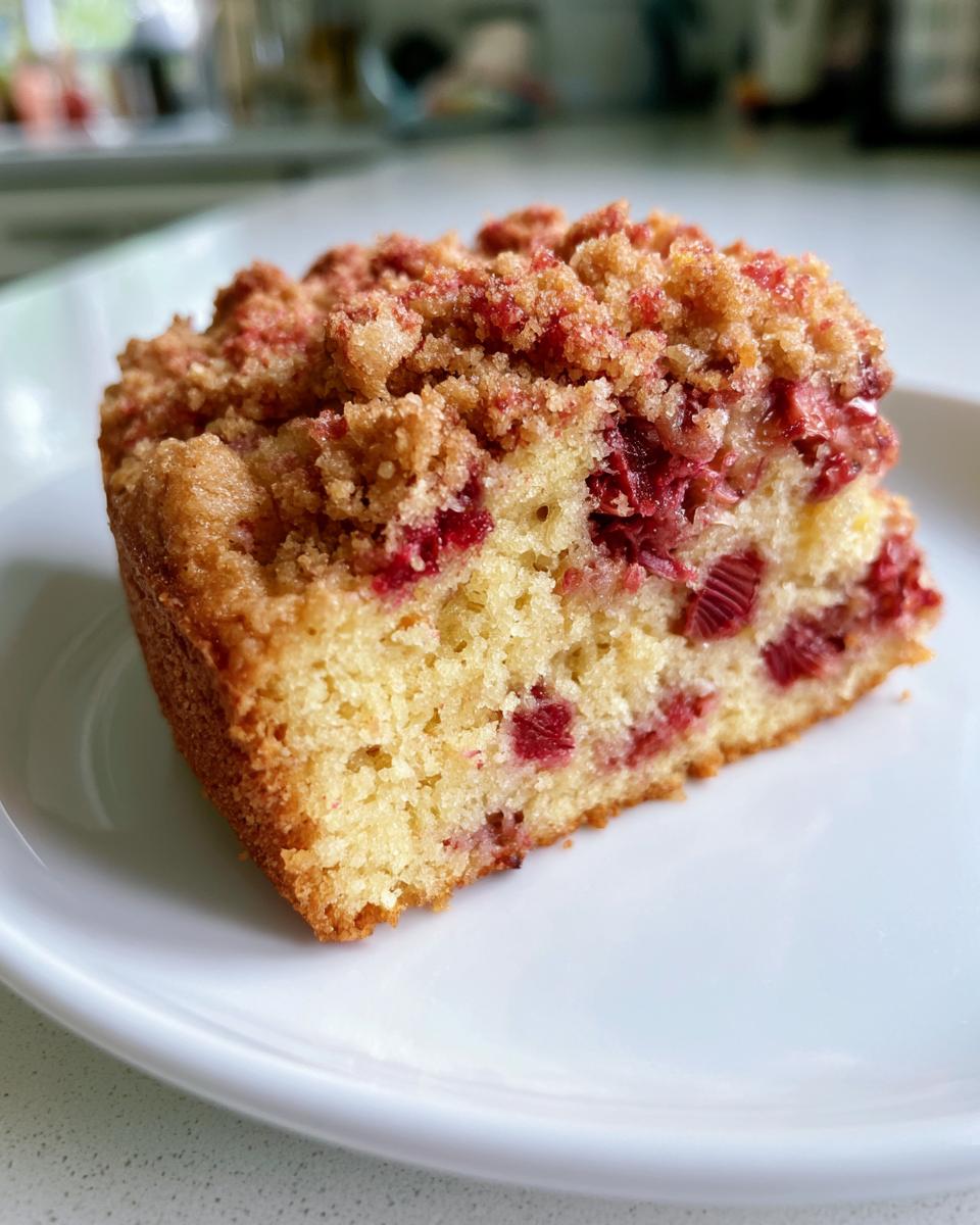Rhubarb Coffee Cake: Foolproof Tangy Sweet Treat 4 A close-up of a slice of Rhubarb Coffee Cake on a white plate, showing the tender cake crumb and chunks of rhubarb.