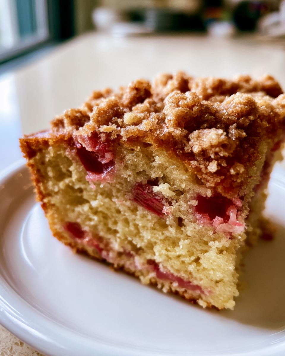 Rhubarb Coffee Cake: Foolproof Tangy Sweet Treat 5 A close-up of a moist slice of Rhubarb Coffee Cake, showing tender cake with chunks of rhubarb and a sweet crumble topping.