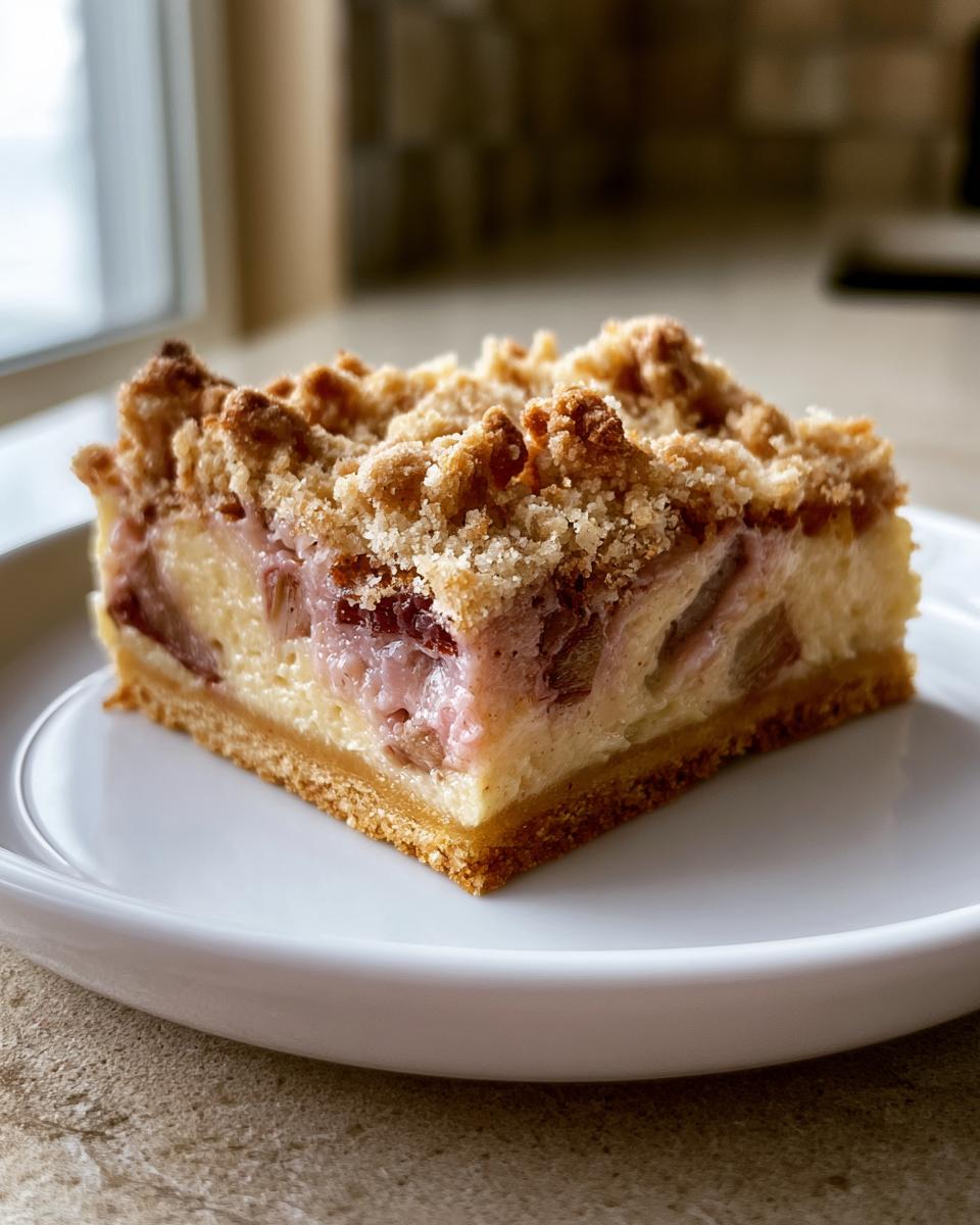The Perfect Rhubarb Custard Bars in 20 Minutes 4 A close-up of a single slice of Rhubarb Custard Bars, featuring a crumble topping, creamy custard, and tart rhubarb pieces.