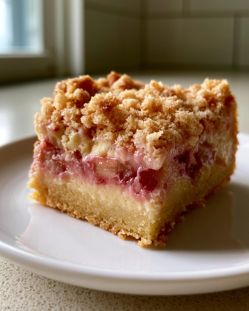 The Perfect Rhubarb Custard Bars in 20 Minutes 5 A close-up of a single slice of Rhubarb Custard Bars on a white plate, showing the crumb topping and fruit filling.