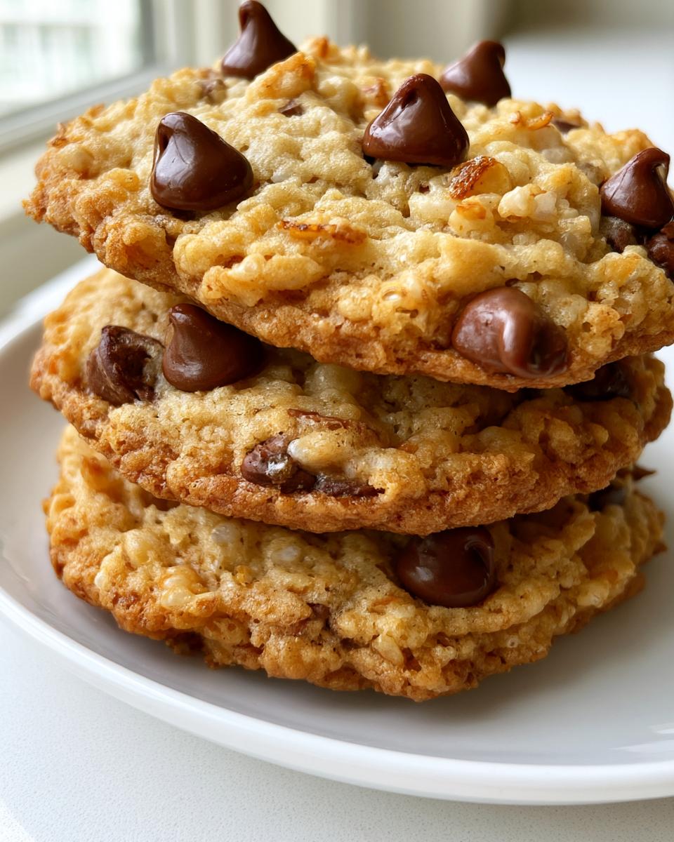 Rice Krispie Chocolate Chip Cookies with Irresistible Crunch 4 A close-up stack of three golden-brown Rice Krispie Chocolate Chip Cookies, generously studded with chocolate chips.