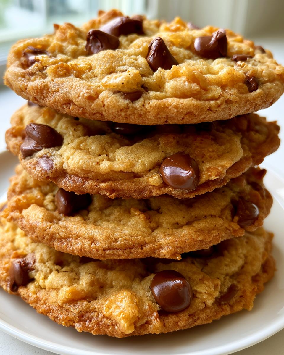 Rice Krispie Chocolate Chip Cookies with Irresistible Crunch 5 A close-up stack of freshly baked Rice Krispie Chocolate Chip Cookies with melty chocolate chips.