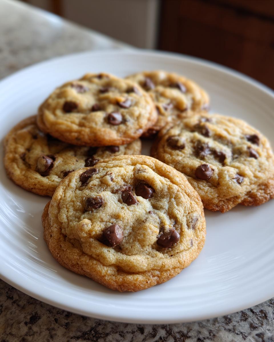 Roommate's Chocolate Chip Cookies: Pure Bliss 5 A close-up of several golden-brown chocolate chip cookies from Roommate's Chocolate Chip Cookie Recipe, arranged on a white plate.