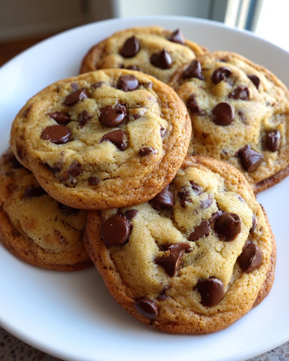 Roommate's Chocolate Chip Cookies: Pure Bliss 4 A close-up view of several freshly baked Roommate's Chocolate Chip Cookies piled on a white plate, showcasing melted chocolate chips.