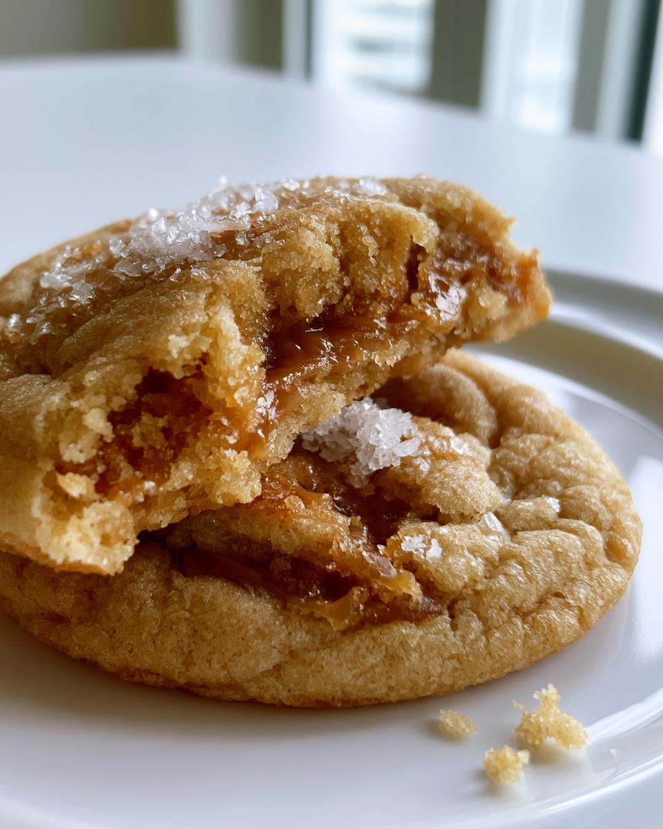 Salted Caramel Cookies: Irresistibly Soft & Salty 5 Close-up of a broken Salted Caramel Cookie revealing a gooey caramel filling and sprinkled sea salt.