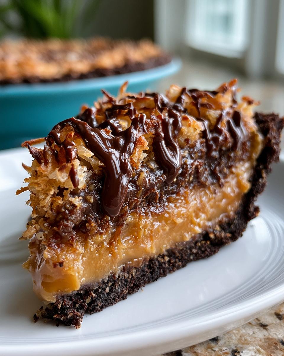 Samoas Pie: No-Bake Caramel Coconut Dream 4 A tempting slice of Samoas Pie, featuring a chocolate cookie crust, caramel filling, toasted coconut, and chocolate drizzle.