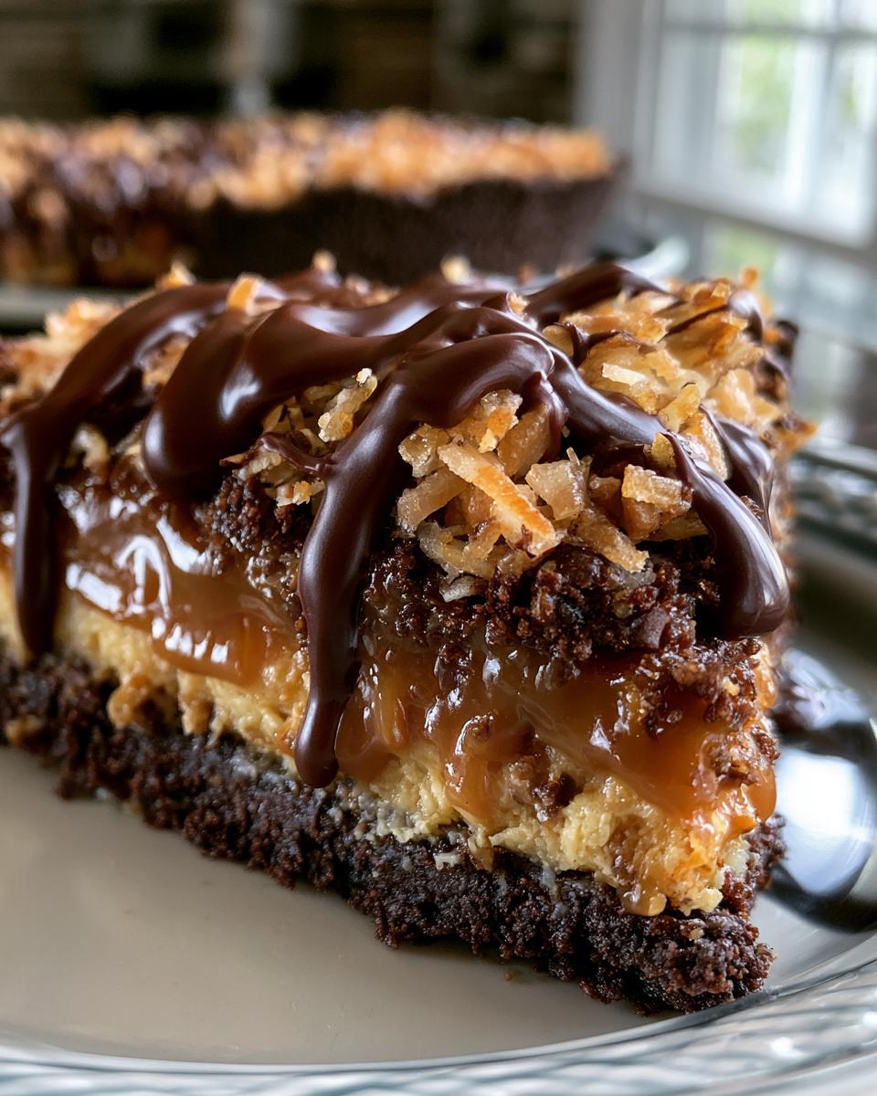 Samoas Pie: No-Bake Caramel Coconut Dream 5 A close-up of a slice of Samoas Pie, featuring a chocolate crust, caramel, toasted coconut, and chocolate drizzle.
