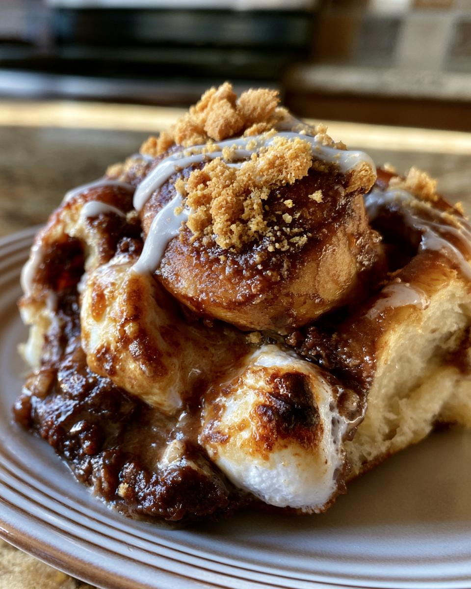 S'mores Sweet Rolls That Taste Like Campfire 5 Close-up of a gooey S'mores Sweet Roll topped with melted marshmallow, chocolate, and graham cracker crumbs.